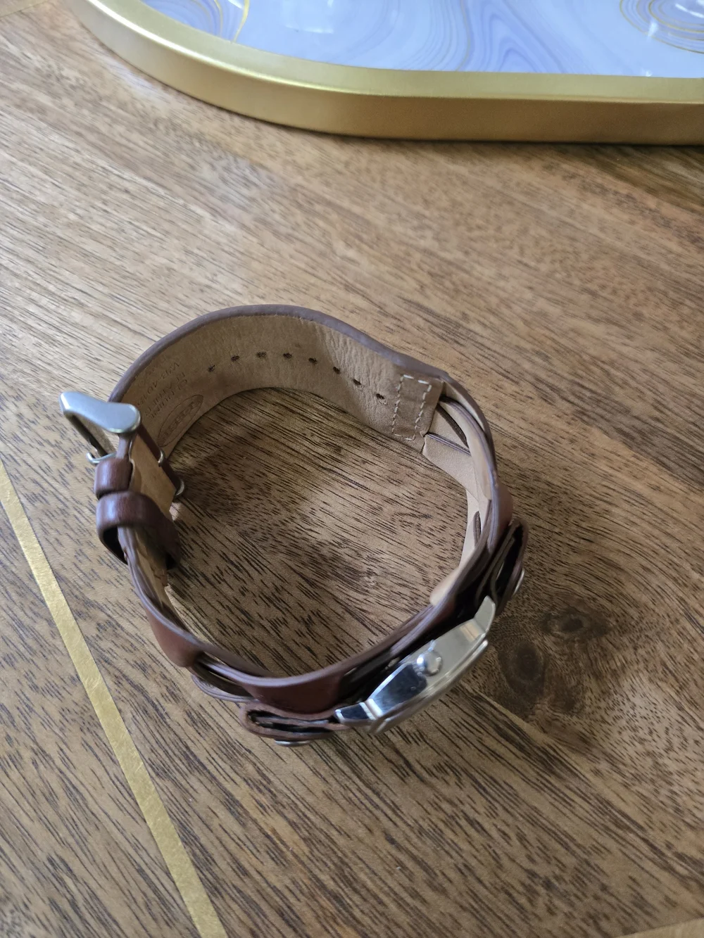Fossil Brown Leather Cuff Watch with Silver Case and White Dial